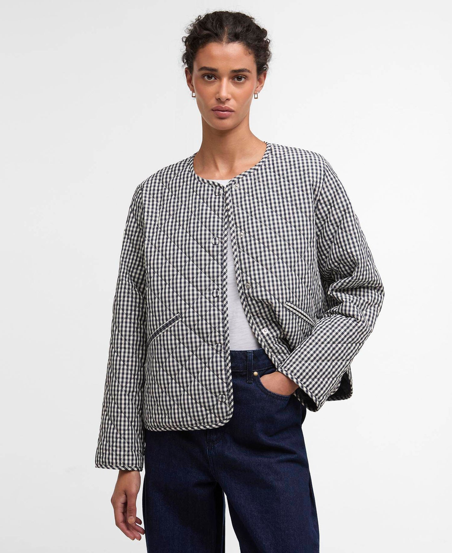 Barbour Cashel Gingham Collarless Quilted Jacket